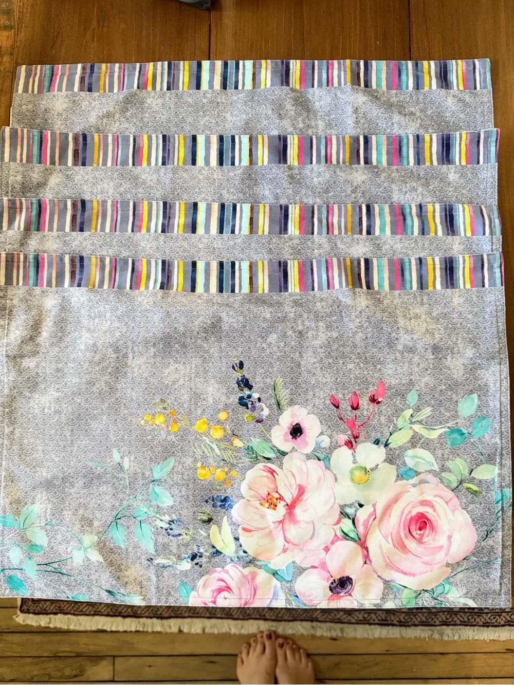 4 Maison d’Hermine Cloth Placemats 100% Cotton Floral Rose Peony Stripe NWOT